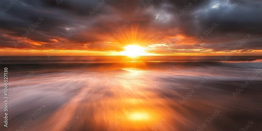 A colorful sunset at a tropical beach showcases dramatic clouds, with the sun lowering over the ocean. This scene is beautifully captured using long exposure techniques. A colorful sunset at a tropical beach showcases dramatic clouds, with the sun lowering over the ocean. This scene is beautifully captured using long exposure techniques.