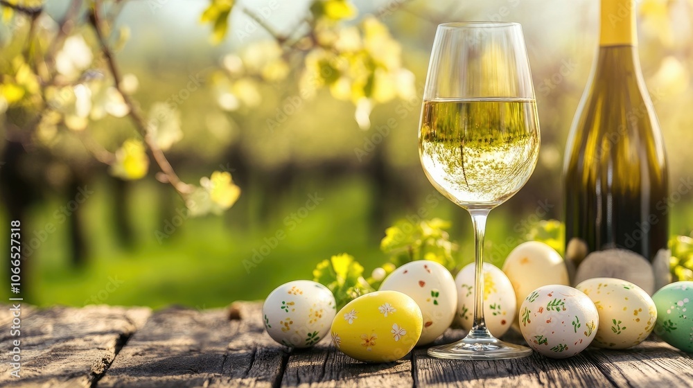 White wine and Easter eggs arranged on a wooden table create a festive spring concept. This top view captures the essence of Easter, complemented by a vibrant vineyard background.