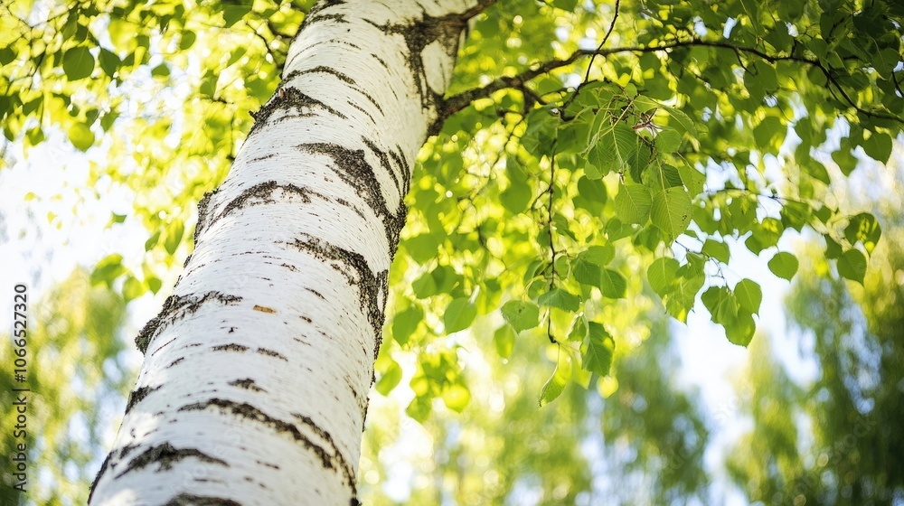 Fototapeta premium Majestic birch tree with striking white bark and vibrant green foliage, presenting an enchanting natural scene with ample copy space for design and text elements.