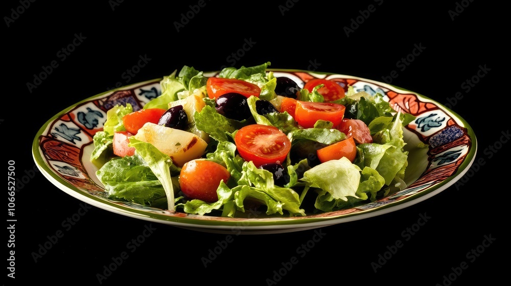 Colorful mixed salad on a plate, filled with fresh lettuce, juicy tomatoes, and olives, drizzled with a light dressing, representing a vibrant and healthy lifestyle. Ideal for healthy eating concepts. Colorful mixed salad on a plate, filled with fresh lettuce, juicy tomatoes, and olives, drizzled with a light dressing, representing a vibrant and healthy lifestyle. Ideal for healthy eating concepts.