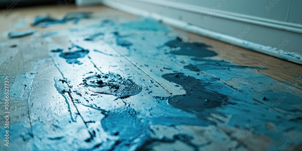 There are blue paint stains on the floor, accompanied by footprints that contain both glue and paint, indicating some recent, messy activity. There are blue paint stains on the floor, accompanied by footprints that contain both glue and paint, indicating some recent, messy activity.