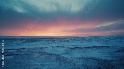 A time-lapse image showing the movement of the Aurora Borealis over a vast tundra, with the colors shifting and swirling, showcasing the dynamic beauty of this natural phenomenon.