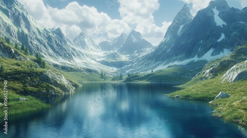 Stunning alpine landscape capturing a serene lake surrounded by majestic high peaks, ideal for nature enthusiasts. Beautiful alpine landscape with ample copy space.