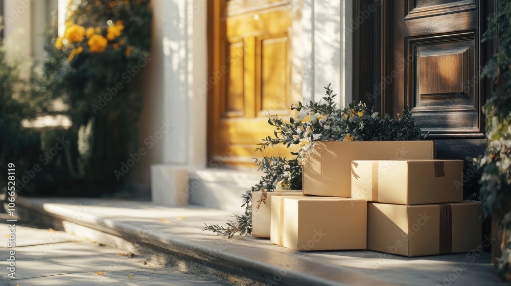 Delivery boxes elegantly placed on a doorstep, creating a welcoming scene. The arrangement of delivery boxes adds charm, perfect for a cozy home aesthetic with ample copy space. Delivery boxes elegantly placed on a doorstep, creating a welcoming scene. The arrangement of delivery boxes adds charm, perfect for a cozy home aesthetic with ample copy space.