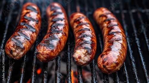 Sizzling summer BBQ captures the essence of outdoor cooking with beautifully grilled sausages adorned with charred bars, perfect for a mouthwatering feast. Ample photo space available. photo