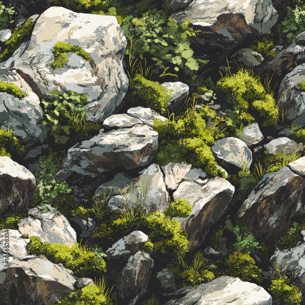 Fototapeta premium A detailed close-up of rocky terrain covered in lush greenery, perfect for nature-themed projects, environmental articles, or backgrounds in digital designs