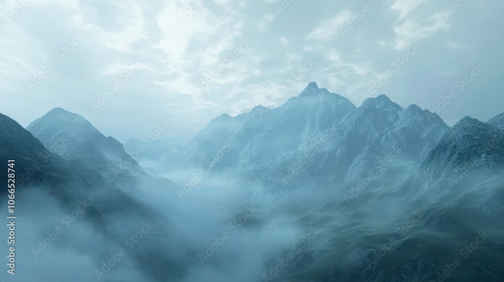 A tranquil mountain landscape with soft, wispy clouds hovering over the peaks, creating a mystical ambiance as the morning mist begins to rise. A tranquil mountain landscape with soft, wispy clouds hovering over the peaks, creating a mystical ambiance as the morning mist begins to rise.