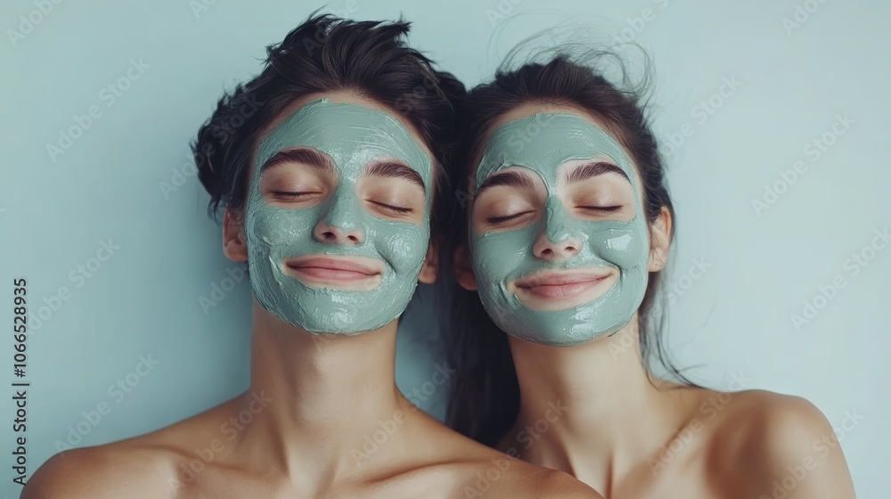 Two young people are lying down with their eyes closed, wearing green cosmetic face masks, enjoying a relaxing spa day treatment for their skincare routine Two young people are lying down with their eyes closed, wearing green cosmetic face masks, enjoying a relaxing spa day treatment for their skincare routine