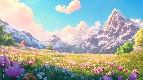 Snowy Mountains, Blooming Wildflowers, and a Beautiful Sky