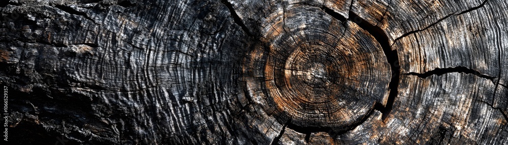 Fototapeta premium Close-up of a charred tree trunk with visible growth rings and cracks