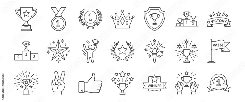 Victory, achievement line icon set. Vector pictograms of trophy, first place medal, celebration, laurel wreath, crown, and winner podium thin linear illustration. Victory, achievement line icon set. Vector pictograms of trophy, first place medal, celebration, laurel wreath, crown, and winner podium thin linear illustration.