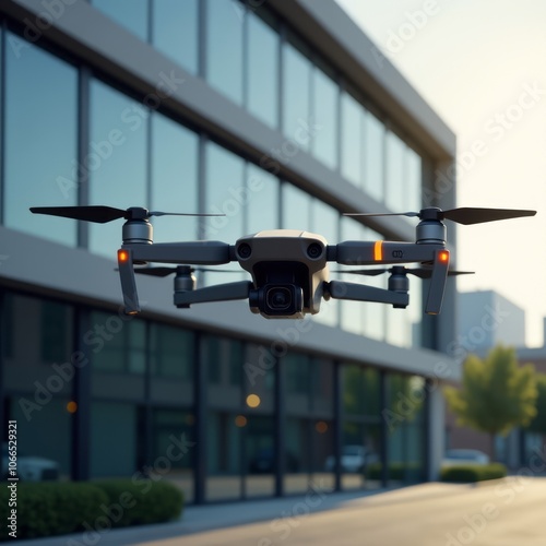 Unmanned aircraft system quadcopter drone in the air near corporate industrial building real estate  photo