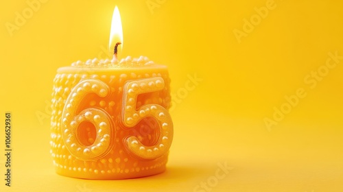 Birthday celebration candle designed with the number 65 in a vibrant yellow background, capturing the essence of a joyful 65th birthday celebration with ample photo style copy space. photo