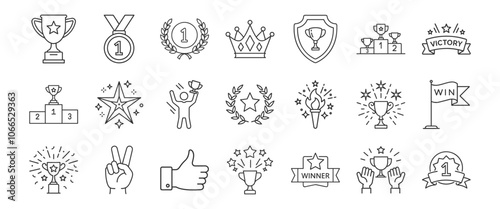 Victory, achievement line icon set. Vector pictograms of trophy, first place medal, celebration, laurel wreath, crown, and winner podium thin linear illustration.