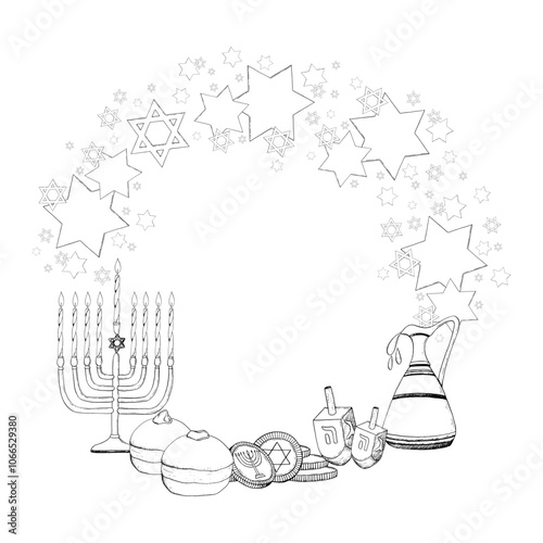 Vector Hanukkah symbols for coloring. Holiday menorah, traditional Jewish holiday food round label template in black white. Sufganiyot, dreidel, coins, donuts and stars of David for bags and greetings