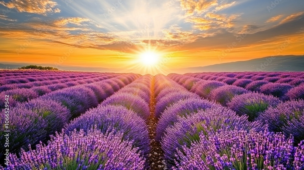 Obraz premium Lavender Field Sunset, Golden Rays, Purple Flowers, Beautiful Nature, Landscape Photography, Breathtaking Scenery, Idyllic View, Calm Sunset, Peaceful Atmosphere, Serene Nature, Beautiful Sunset, 