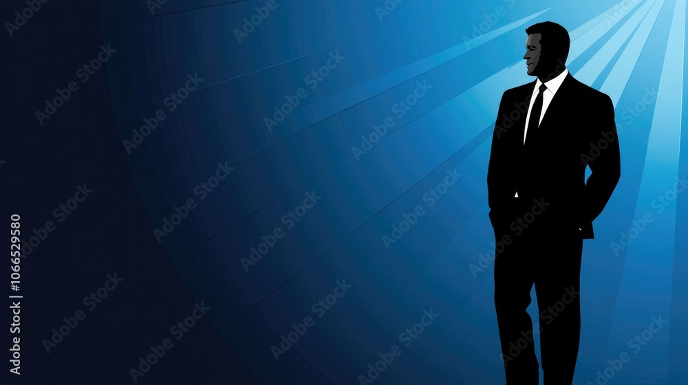 Man in Suit Standing Against Blue Background, Looking Forward with Hope and Determination Man in Suit Standing Against Blue Background, Looking Forward with Hope and Determination