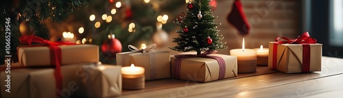 Wrapped Gifts and Candles Under a Christmas Tree