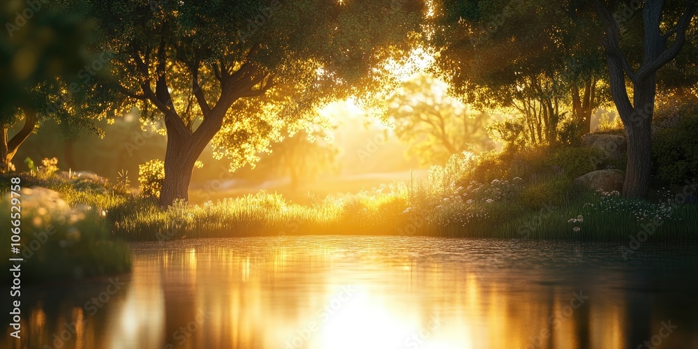 A serene view of a peaceful pond during sunset, where a warm golden light beautifully reflects off the smooth, undisturbed surface of the water. A serene view of a peaceful pond during sunset, where a warm golden light beautifully reflects off the smooth, undisturbed surface of the water.