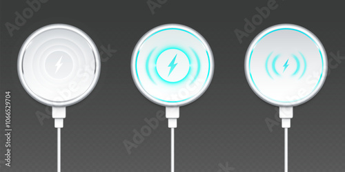 Wireless smartphone battery charger with fast sign icon. Phone power charge with energy pad device mockup on cable. 3d magnet gadget accessory concept top view. Electricity voltage dock isolated