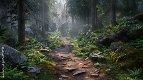 A winding stone path leads through a dense, sun-dappled forest.