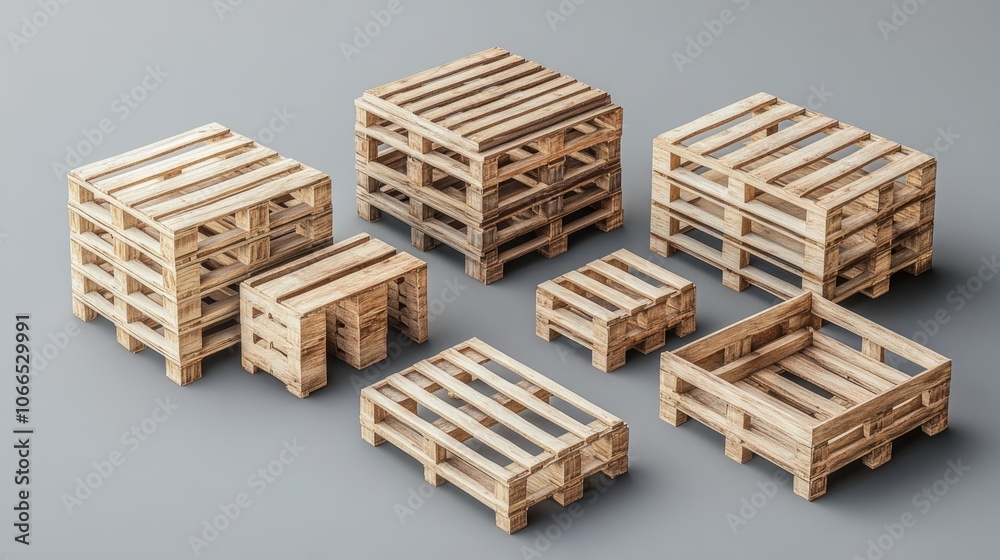 A collection of wooden pallets of various sizes and configurations on a gray background. A collection of wooden pallets of various sizes and configurations on a gray background.
