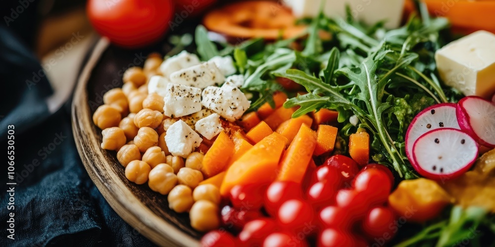 A close up view of a traditional lunch presentation features a salad with carrots, radishes, chickpeas, feta cheese, arugula, and tomatoes, accompanied by fresh butter. A close up view of a traditional lunch presentation features a salad with carrots, radishes, chickpeas, feta cheese, arugula, and tomatoes, accompanied by fresh butter.