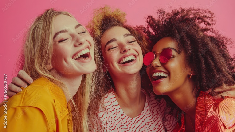 Fototapeta premium A vibrant studio portrait of a group of friends having fun together, capturing their laughter
