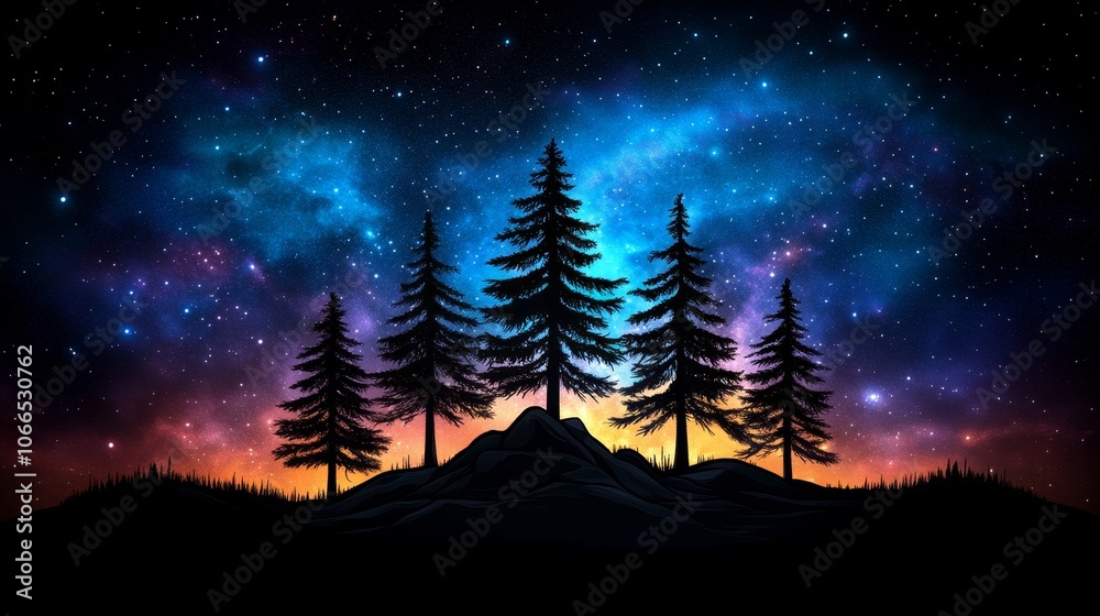 Fototapeta premium Silhouette of Pine Trees Against a Starry Night Sky