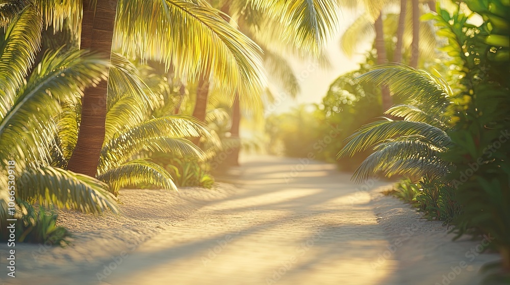 Sunlit pathway adorned with palm trees, captured in close-up, highlighting the tranquil beauty and vibrant atmosphere of the scene, with ample space for design elements.