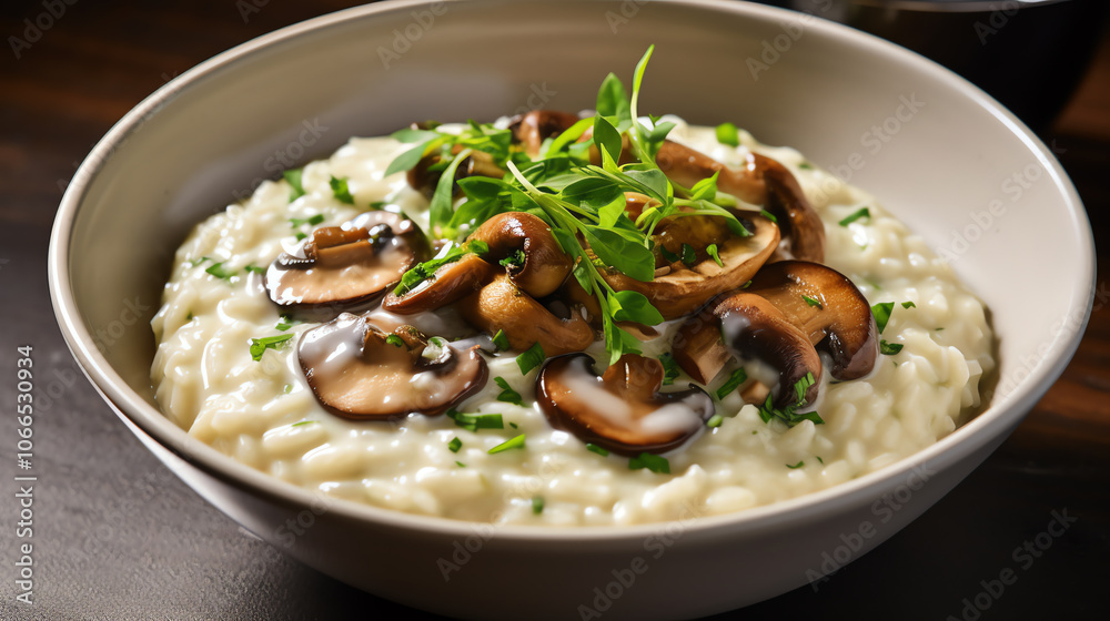 Classic mushroom risotto with fresh herbs on dark background Classic mushroom risotto with fresh herbs on dark background