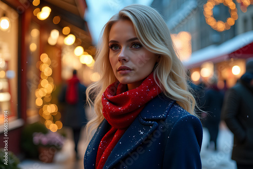 a smiling woman stands on the street on New Year's or Christmas Eve