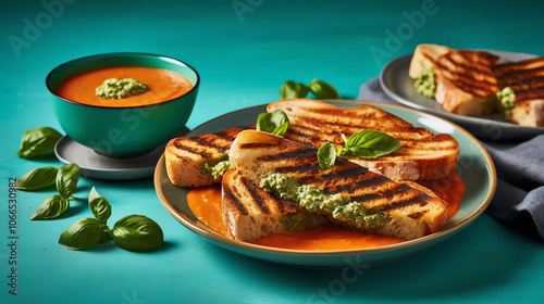Grilled sandwiches with tomato soup on modern turquoise plates