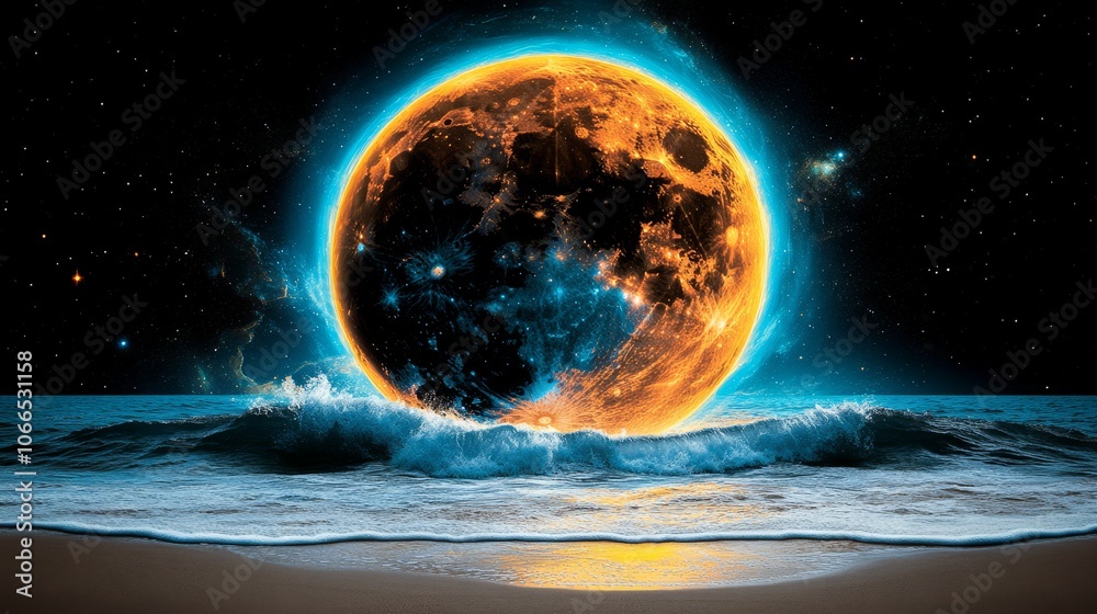 Obraz premium Cosmic Moonrise Over Ocean Waves Starry Sky Abstract Art Fantasy Landscape