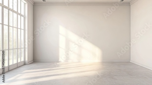 Bright and airy living room with a white wall background, perfect for showcasing a banner. This empty Scandinavian style room offers ample photo space for creative layouts.