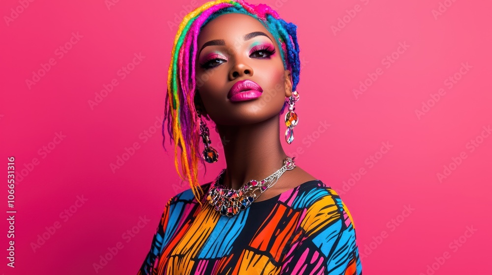 A vibrant studio portrait of a woman with colorful hair and a bright outfit A vibrant studio portrait of a woman with colorful hair and a bright outfit