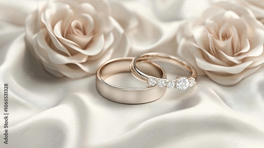 Wedding rings elegantly displayed with a wedding band backdrop. This image of wedding rings captures the essence of love, with ample copy space for text. Wedding rings elegantly displayed with a wedding band backdrop. This image of wedding rings captures the essence of love, with ample copy space for text.