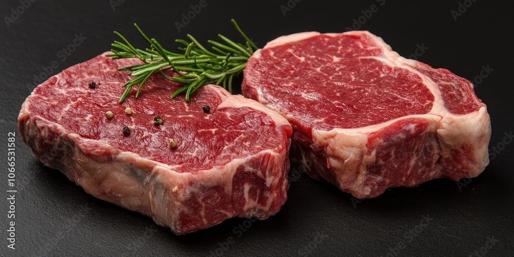Fresh, tender beef steaks resting on a dark background, showcasing their juicy, mouthwatering appeal and rich color that highlights their quality and freshness. Fresh, tender beef steaks resting on a dark background, showcasing their juicy, mouthwatering appeal and rich color that highlights their quality and freshness.