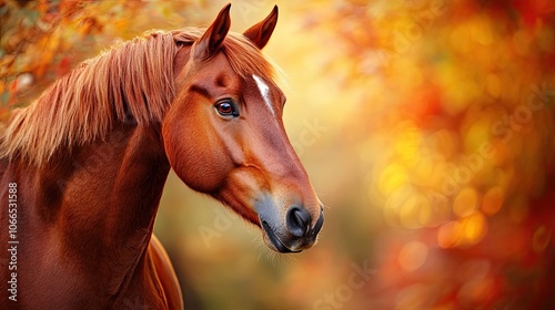 Close-up portrait of a brown horse in vivid autumn hues, highlighting the horses features against a blurred, colorful background, with ample copy space for text. photo