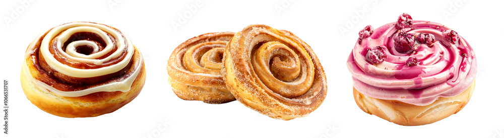 Fototapeta premium Cinnamon roll topped with smooth raspberry, vanilla and chocolate icing, making it perfect for dessert or breakfast, isolated on white transparent background.