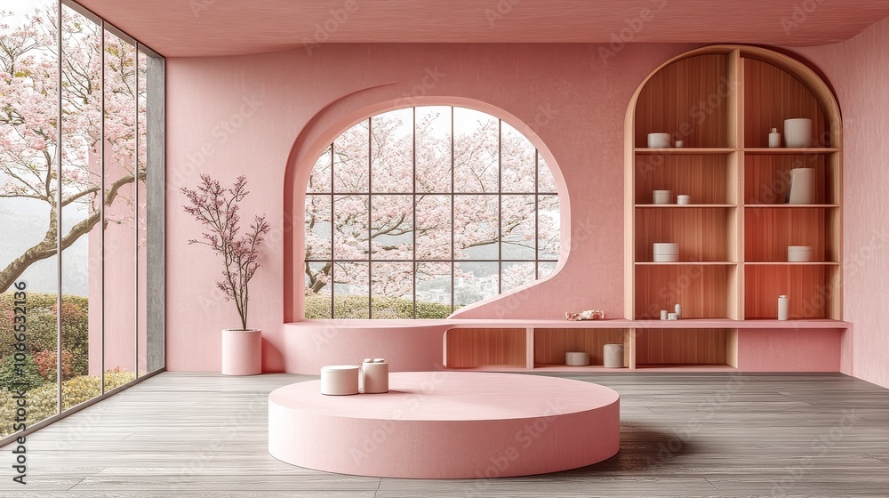 A pink themed e-commerce display, with a low pink circular display stand in front, equipped with decorative elements. The background displays a multi pane pink window A pink themed e-commerce display, with a low pink circular display stand in front, equipped with decorative elements. The background displays a multi pane pink window