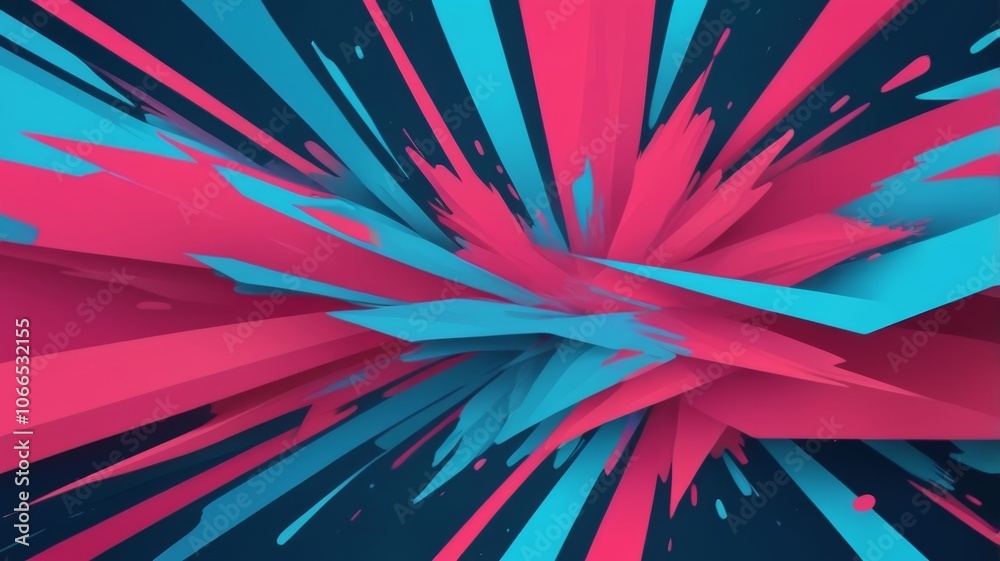 An explosion of colors and shapes, mostly bright shades of pink and blue on a dark blue background. An explosion of colors and shapes, mostly bright shades of pink and blue on a dark blue background.