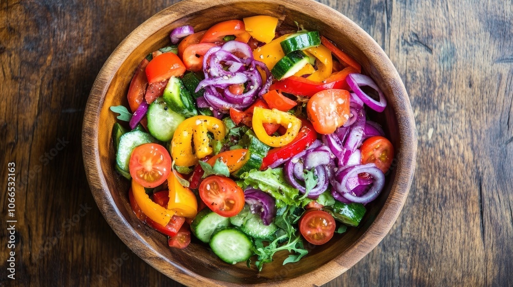 Top view capturing a wooden bowl filled with a vibrant vegetable salad, ideal for healthy eating concepts. The image emphasizes the colorful vegetable salad with ample copy space. Top view capturing a wooden bowl filled with a vibrant vegetable salad, ideal for healthy eating concepts. The image emphasizes the colorful vegetable salad with ample copy space.