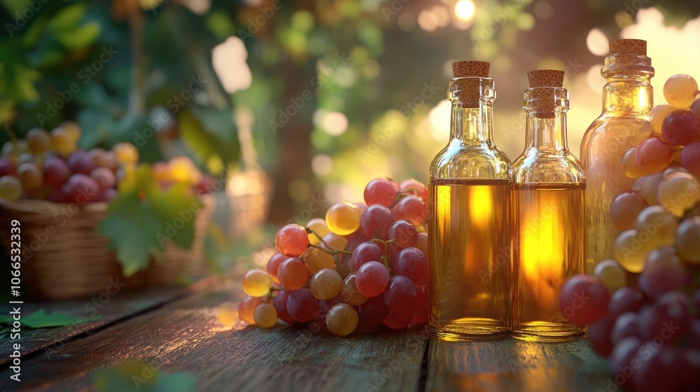 Grapeseed oil bottles arranged on a softly lit background create a visually appealing display of grapeseed oil. The composition includes ample copy space for design needs. Grapeseed oil bottles arranged on a softly lit background create a visually appealing display of grapeseed oil. The composition includes ample copy space for design needs.