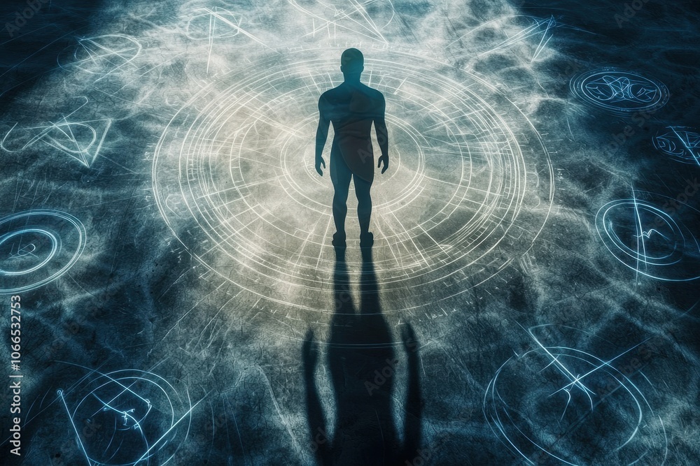 A silhouette stands amid mystical symbols on a glowing surface, evoking a sense of magic and transformation in an ethereal setting. A silhouette stands amid mystical symbols on a glowing surface, evoking a sense of magic and transformation in an ethereal setting.