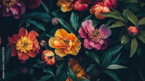 Close-up of vibrant peony flowers, highlighting their intricate details and beautiful colors, perfect for a spring flowers background. Ideal for creating a fresh atmosphere with copy space.