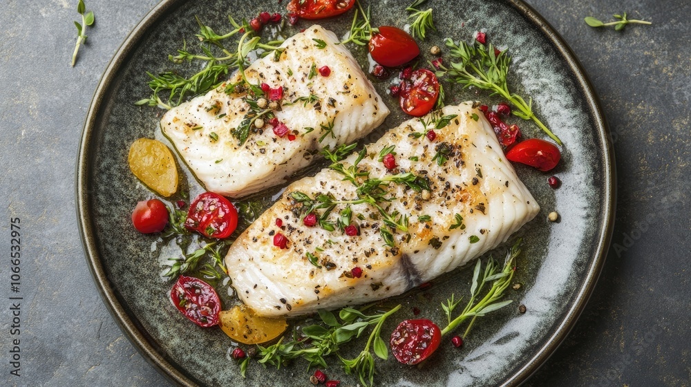 Delicious john dory fillet dish garnished with fresh herbs, beautifully presented. This appetizing john dory fillet creates an inviting atmosphere with ample copy space available.