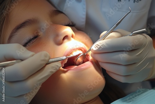 A top-down angle showing a patient lying comfortably in a dental chair with a dentist performing a routine cleaning. The dentist's hands, in gloves, are holding a dental scaler, focusing on plaque rem