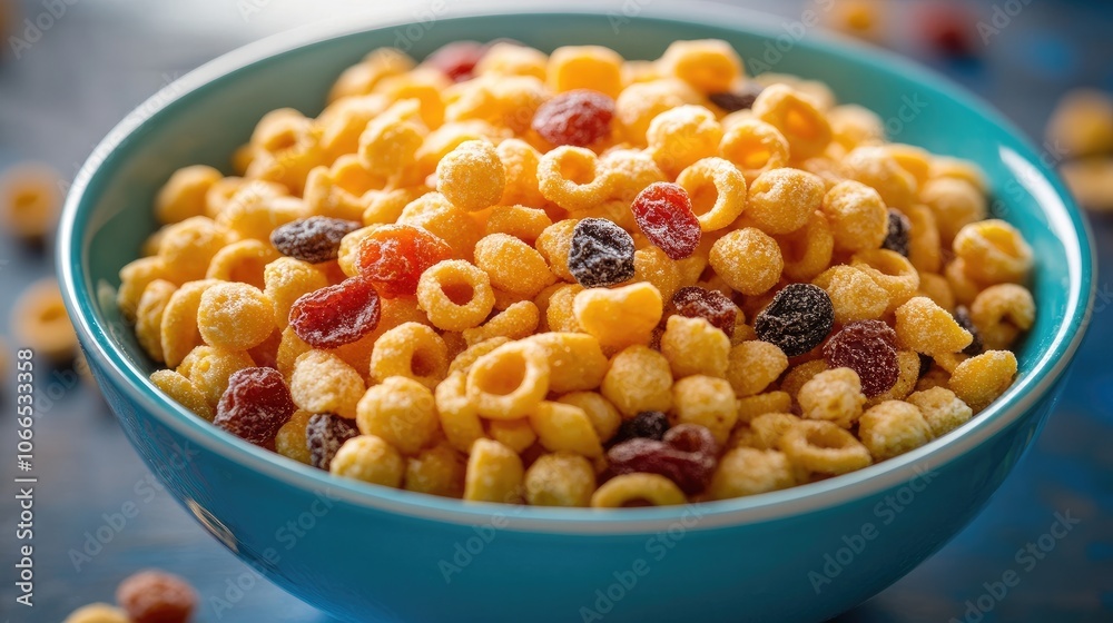 Bowl of cereal with dried fruit, highlighting the vibrant colors and textures. Ideal for food photography, this image captures a delicious breakfast option with ample copy space. Bowl of cereal with dried fruit, highlighting the vibrant colors and textures. Ideal for food photography, this image captures a delicious breakfast option with ample copy space.