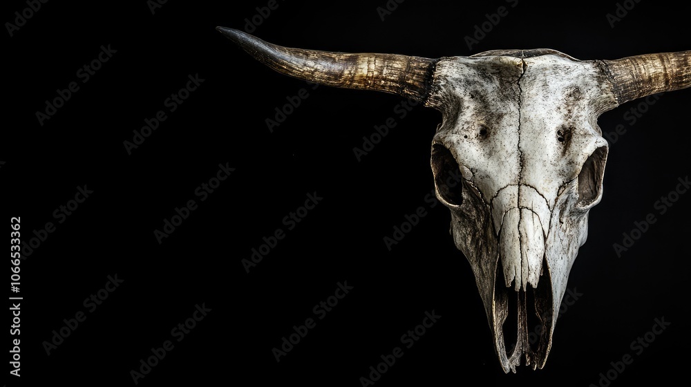 Close-up of a cow skull set against a dark background, emphasizing the earthy textures and details in this perspective view, with ample copy space for added designs. Close-up of a cow skull set against a dark background, emphasizing the earthy textures and details in this perspective view, with ample copy space for added designs.